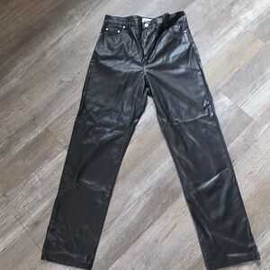 Red Star Womens Black Pants Faux Leather Straight Leg Fleece Lined,Size 6/28